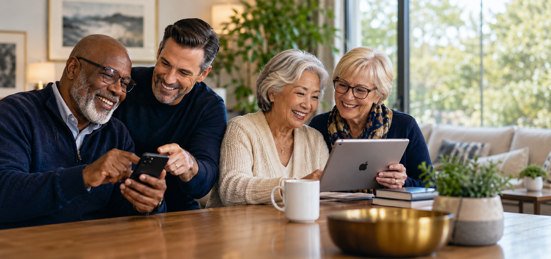 Older adults receiving friendly help with a smartphone and tablet