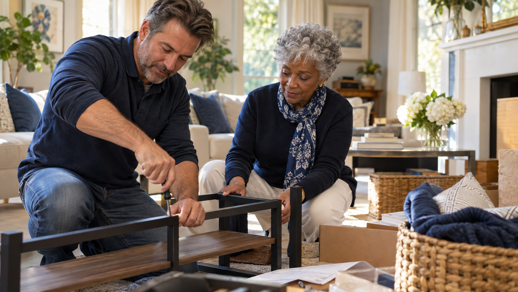A JAYMO helper assembling furniture with an older adult